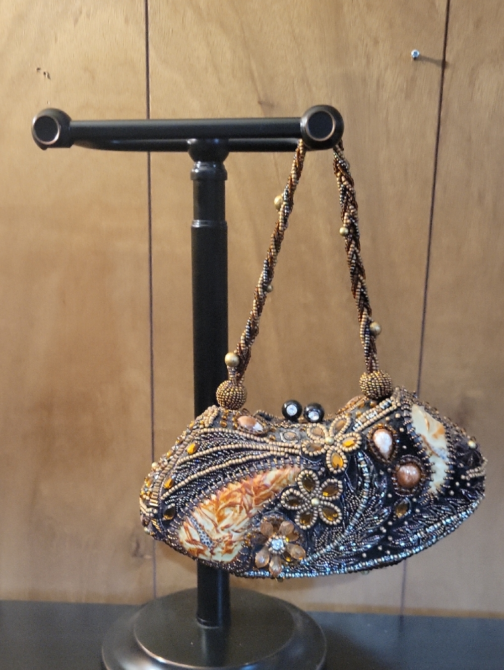 Oh Ashley Beaded Floral Evening Bag in Gold and Brown